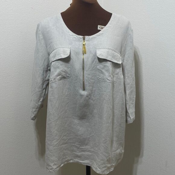 Ellen Tracy Cream Scoop Neck 1/4 Zip Linen Blouse Top Roll Tab 3/4 Sleeve Size L - Picture 1 of 12